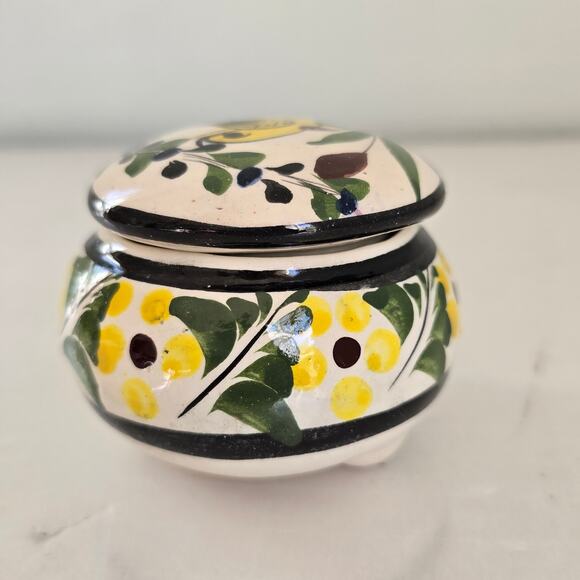 Vintage Tonala Mexico Small Covered Ceramic Trinket Box Yellow Bird Floral Boho - Picture 5 of 10